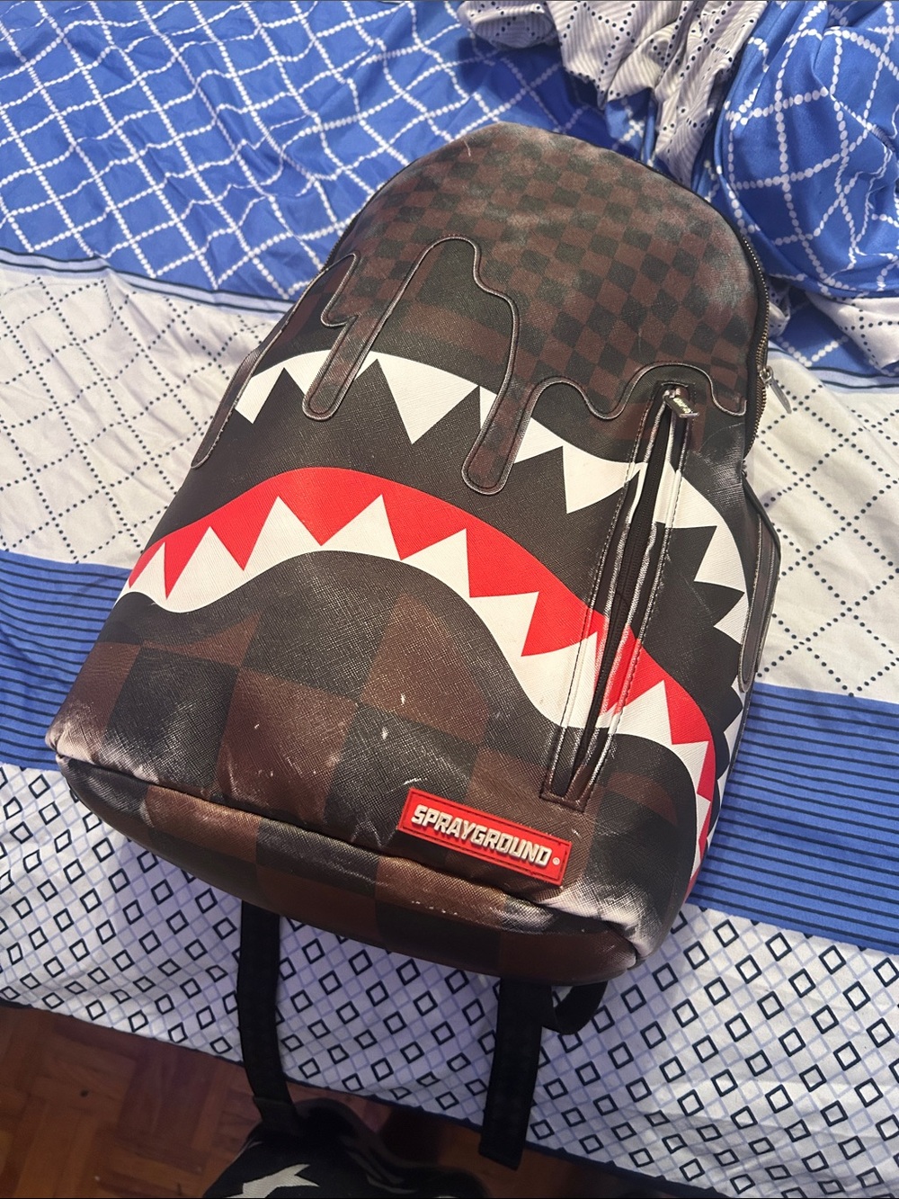 Sprayground Brown and Red Shark Mouth Checkerboard Backpack